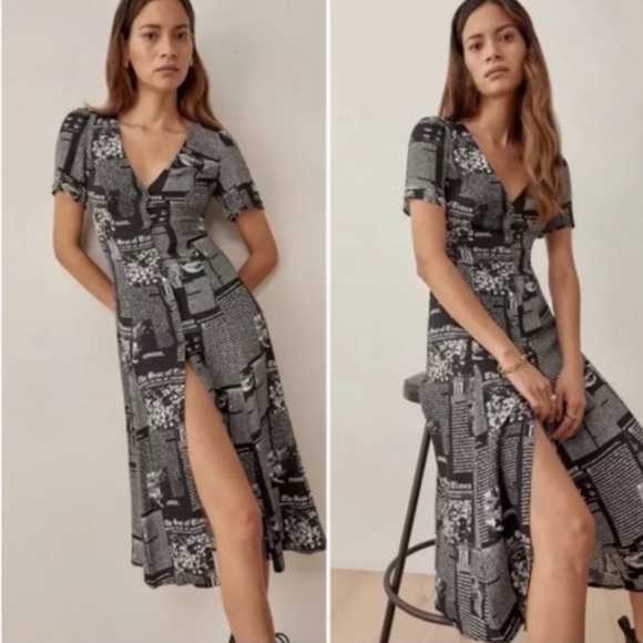 Reformation Sz 6 Locklin Newsprint Maxi Dress Button Down Front Floral Back Tie - Picture 6 of 8